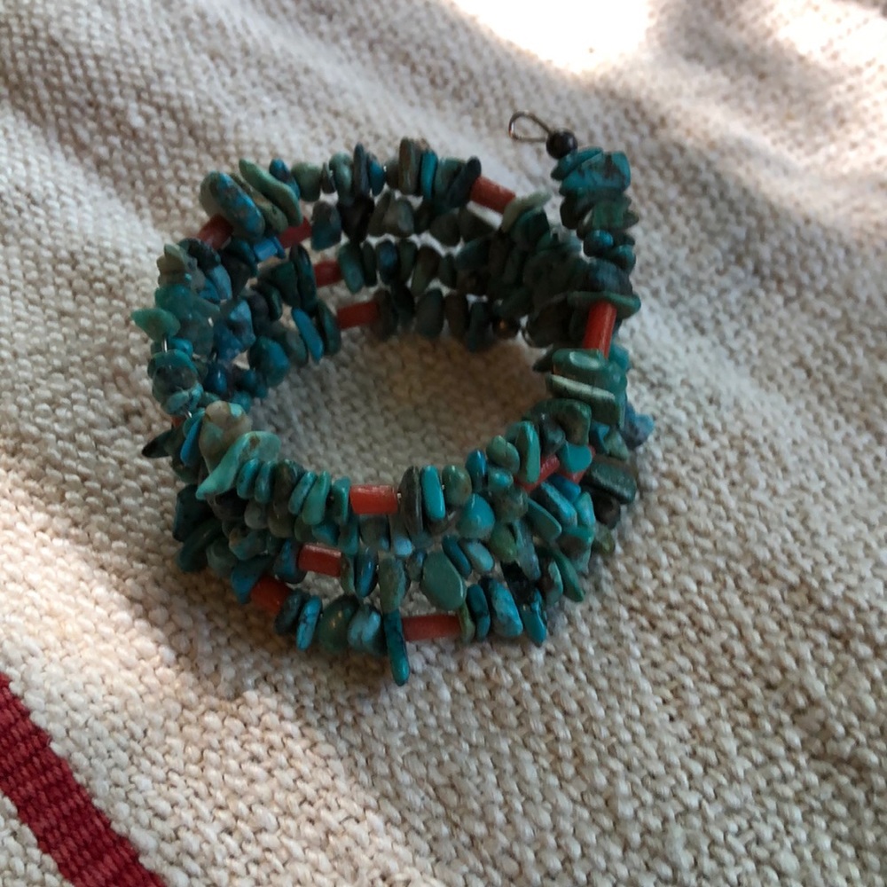 Wire wrap bracelet- Turquoise and Coral nuggets